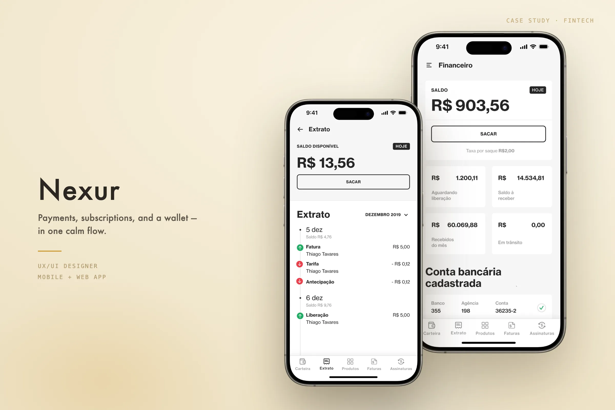 Five Nexur mobile screens fanned on a warm sand field — the financial dashboard, anticipation flow, yellow menu, invoices list, and statement — under the phrase 'a clear, trustworthy way to get paid'.