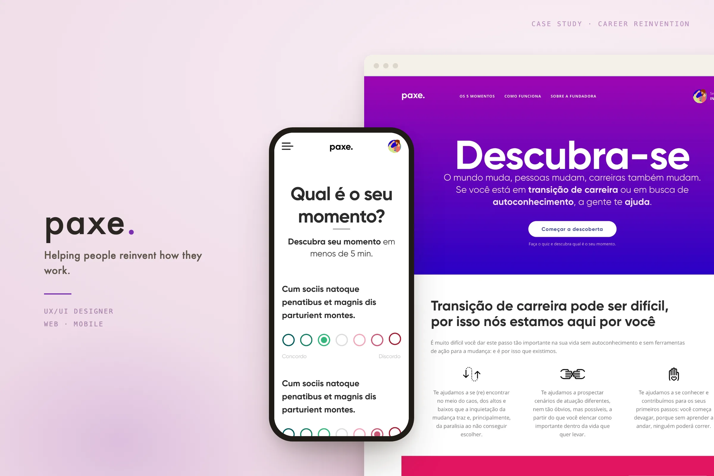 Paxe type cover — 'helping people reinvent their work' set large on the brand's vivid violet field, with the lowercase paxe wordmark and a stat row: 5 moments, 7 surfaces, 2 platforms, live.